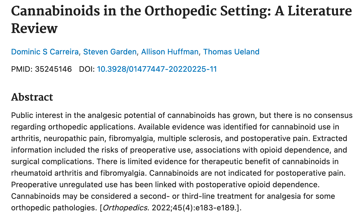 Cannabinoids in the Orthopedic Setting: A Literature Review